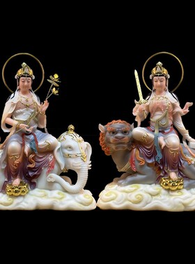热销文殊普贤菩萨汉白玉材质佛像华严三圣家用摆件工艺品供奉神像