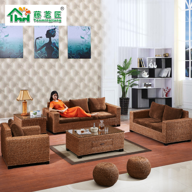 热销东南亚双人卡座桌椅组合客厅藤沙发茶几五件套茶楼会所藤椅休