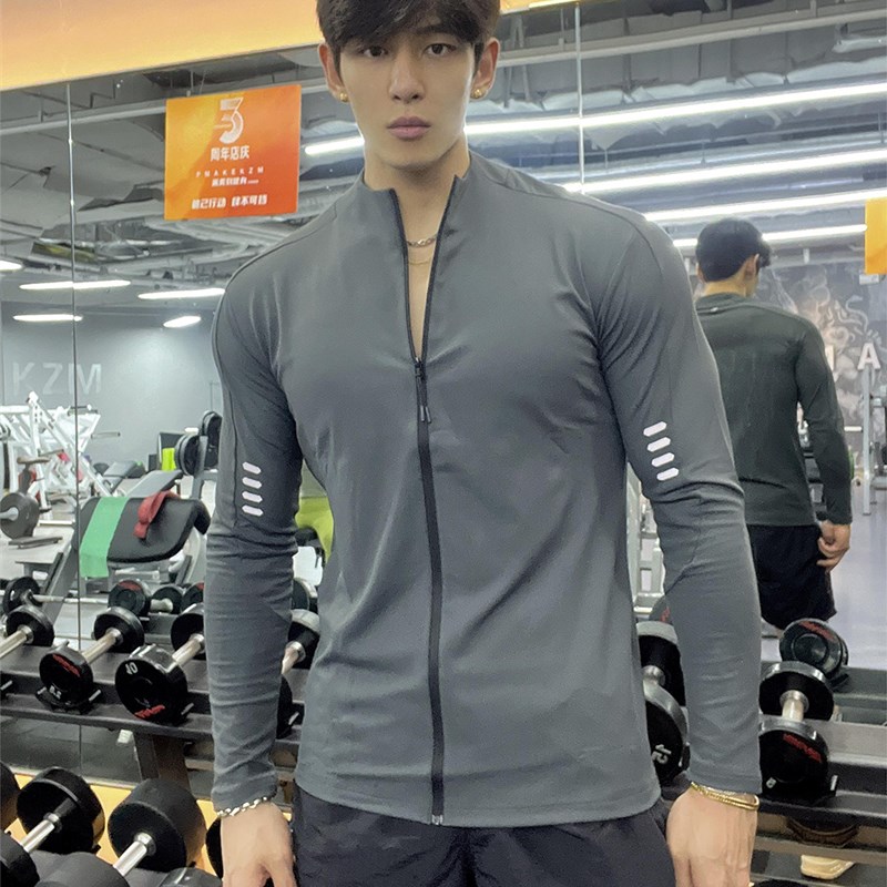 热销秋冬锻炼骑行服运动长袖男健身速干紧身衣弹力跑步训练拉炼衫