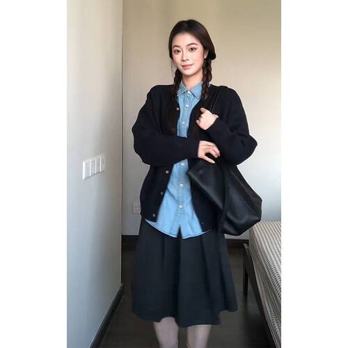 韩系慵懒风女秋款牛仔衬衫三件套