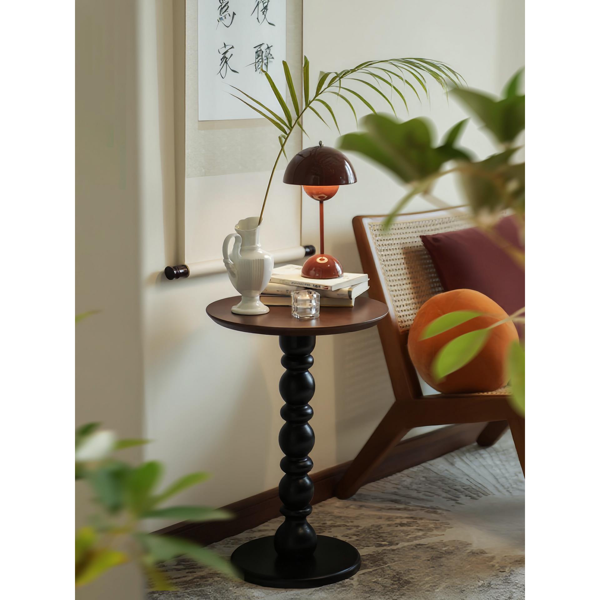 中古风胡桃实木边几法式客厅沙发可移动小型圆形茶几桌床头柜置物