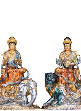 纯铜文殊普贤菩萨佛像彩绘华严三圣左右护法骑狮子骑大象坐骑摆件