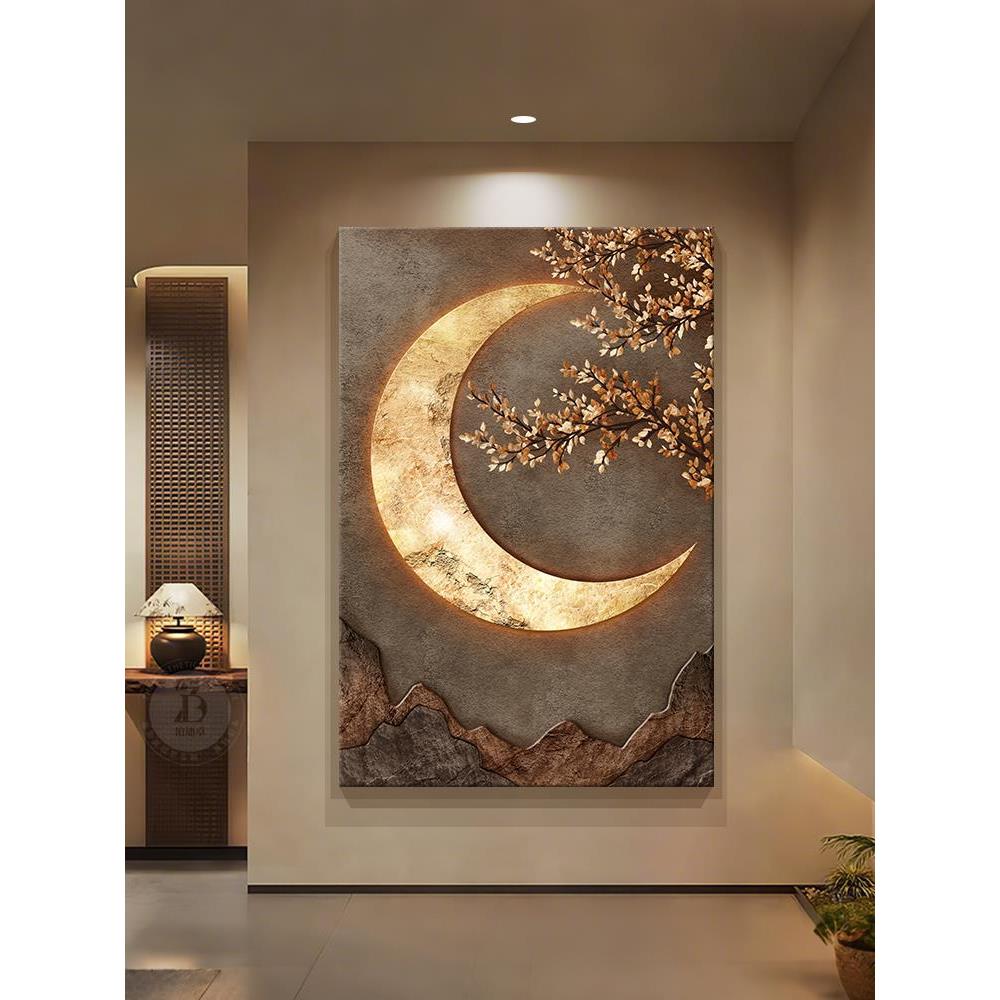 侘寂风入户玄关装饰画浮雕立体感走廊过道挂画高级感覆古月球壁画