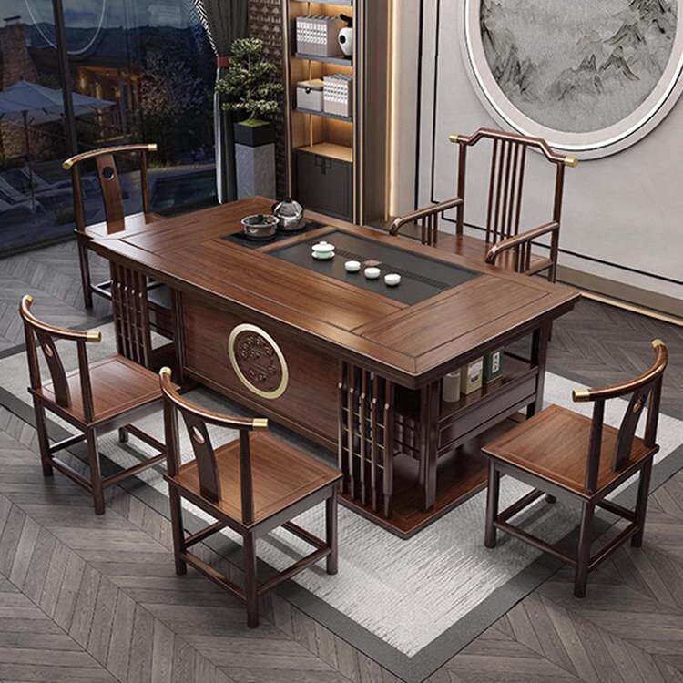 办公室茶台套装烧水壶一体一桌五椅功夫茶几新中式实木茶桌椅组合