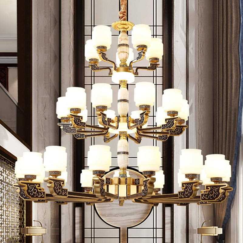 直销新款新中式封口罩大吊灯客厅别墅酒店复式楼长吊灯复古工程中