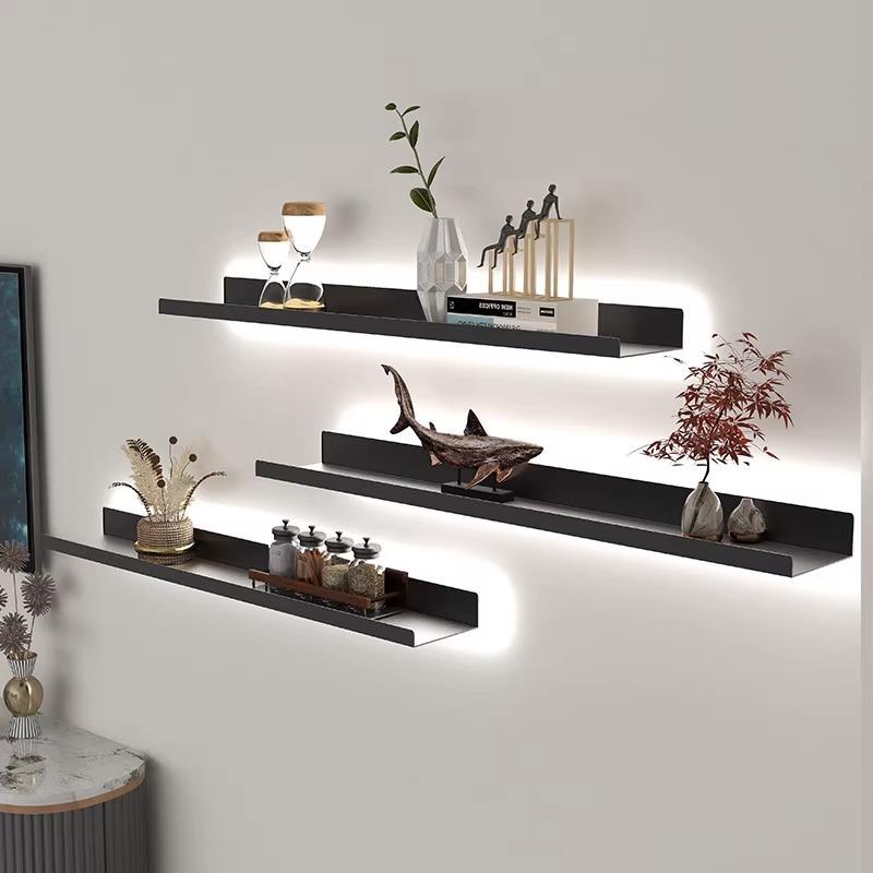 直销新款现代简约墙上一字隔板置物架层板书架铁艺发光客厅墙面壁