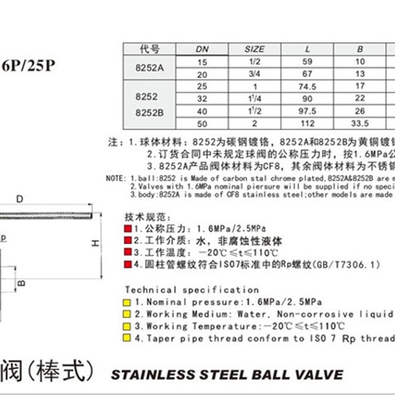 热销埃美柯棒式不锈钢球阀8252/8252A/8252B 4分6分1寸DN15 20 25