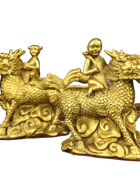 热销纯黄铜麒麟摆件鎭宅避斜纳福卧室麒麟送子一对儿女求子保平安