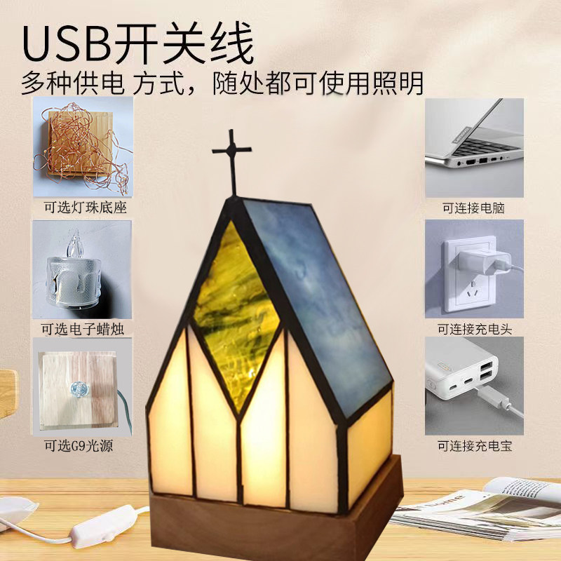 热销欧式床头复古台灯卧室睡眠夜灯创意禅意教堂手工玻璃摆件电子