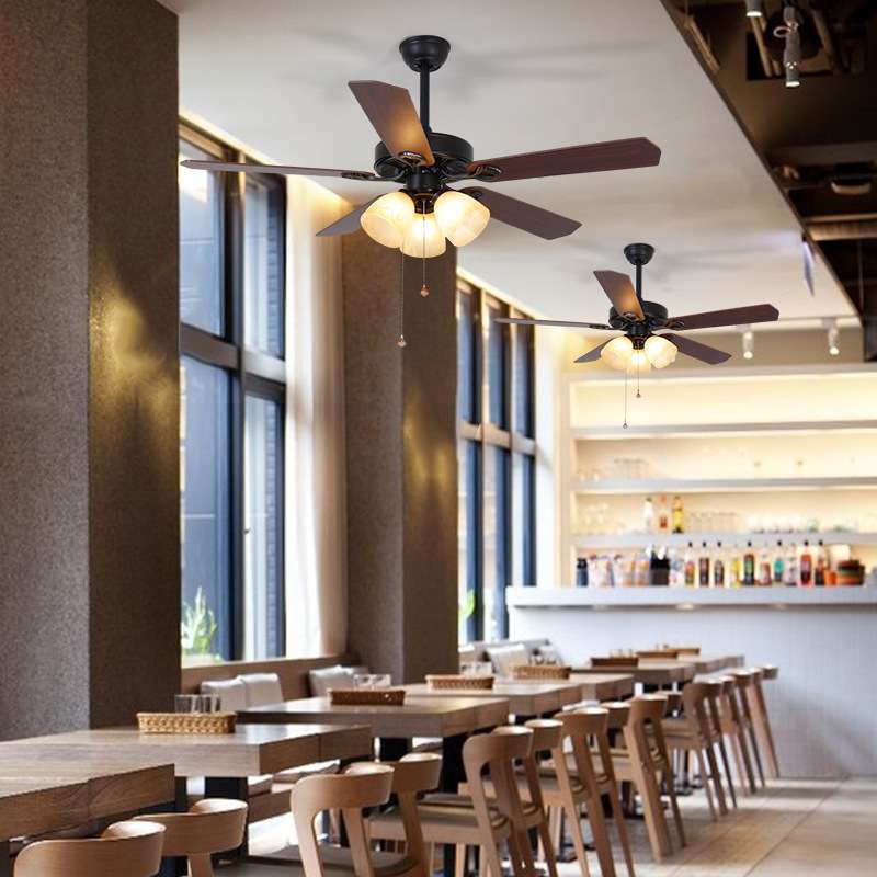 黑色吊扇灯餐厅简约电风扇灯美式乡村复古客厅工业铁木叶静音家用