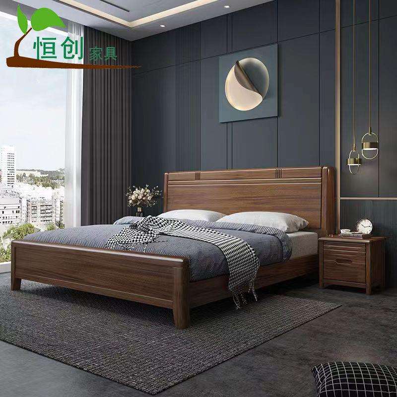 胡桃木实木床新中式1.8米双人床2米大床1.5m单人床高箱储物主卧床