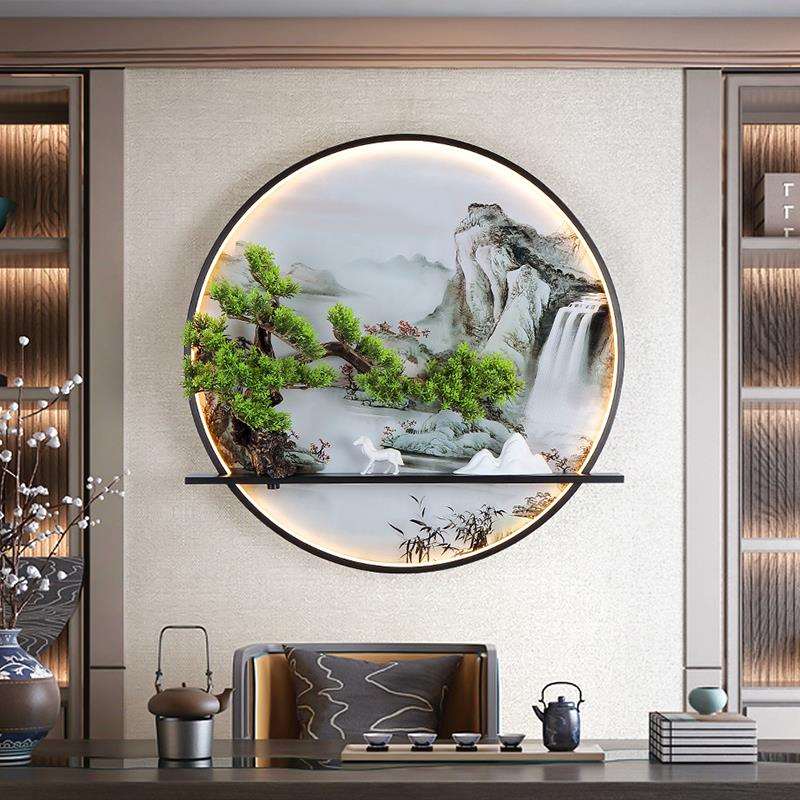 新中式壁画灯创意个性茶室圆形楼梯装饰挂画带灯玄关入户禅意灯具