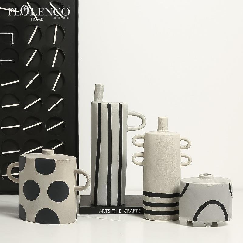 极简复古风手绘陶瓷抽象几何花瓶样板房摆件民宿创意艺术花器装饰