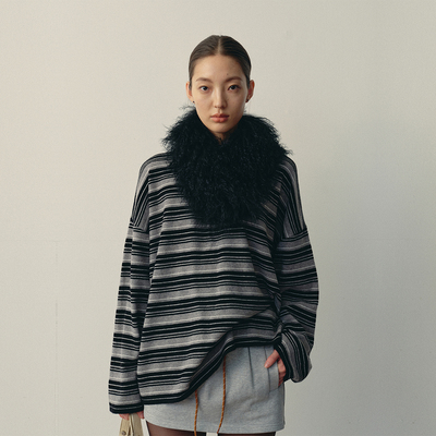 antenna effect经典复古条纹圆领全羊毛针织宽松落肩慵懒风毛衣