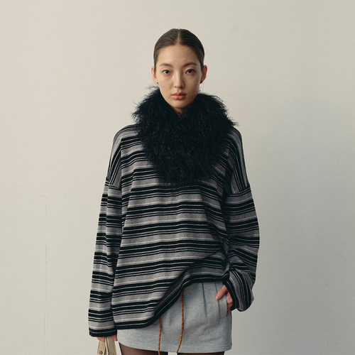 antenna effect经典复古条纹圆领全羊毛针织宽松落肩慵懒风毛衣