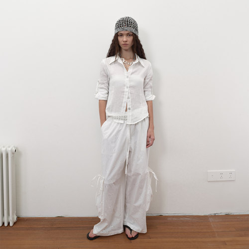 antenna effect 复古修身度假感卷边五分袖亚麻衬衫