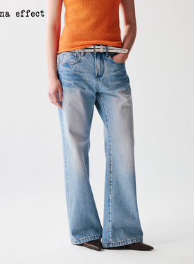 antenna effect 复古浅蓝低腰水洗做旧阔腿有型直筒全棉牛仔长裤