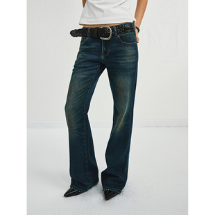 antenna effect新款复古做旧洗水中低腰修身直筒微喇牛仔裤