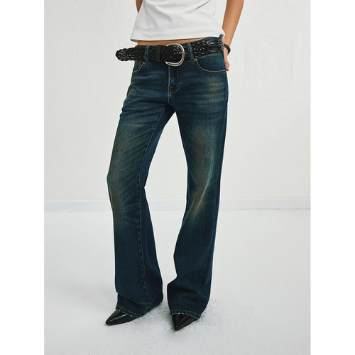 antenna effect新款复古做旧洗水中低腰修身直筒微喇牛仔裤