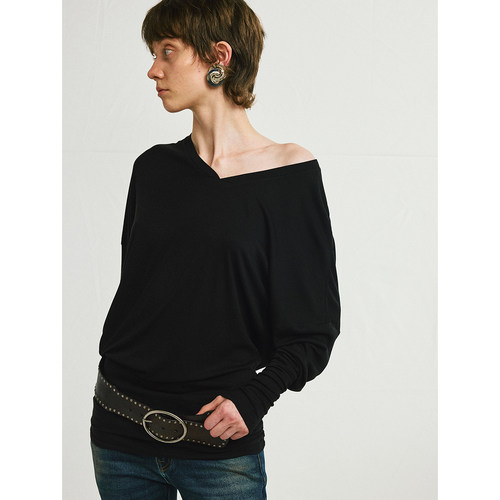 antenna effect秋新款V领弯刀桑蚕丝堆积感混纺长袖T恤