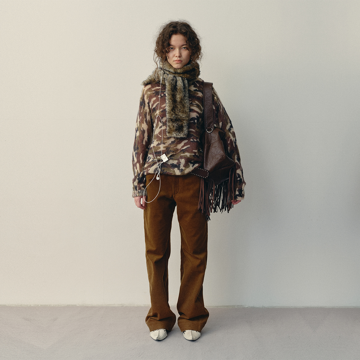 antenna effect复古巴恩风迷彩马海毛v领上衣慵懒宽松街头毛衣