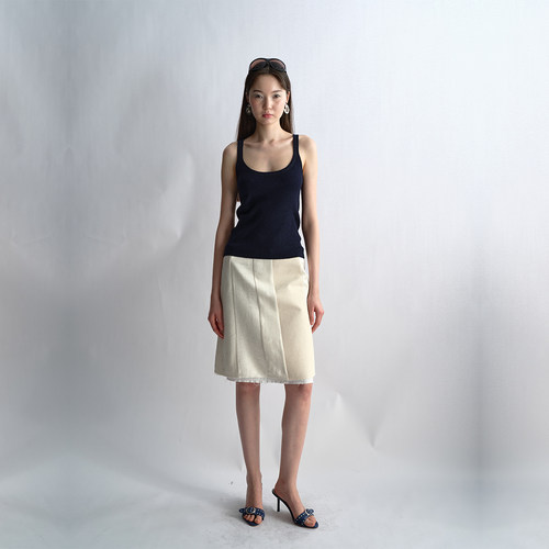 antenna effect春夏复古缎面拼接半身裙H形低腰半裙