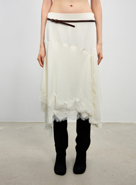 antenna effect复古浪漫不规则蕾丝拼接白色垂坠感半身裙2025新款