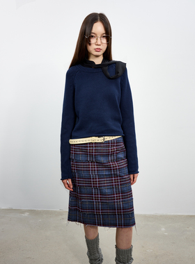 antenna effect 复古毛边多层格子半裙A字蛋糕朋克半身裙女秋冬季