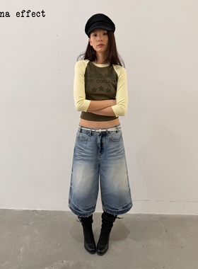 antenna effect 美式复古字母印花拼色插肩袖圆领七分袖修身T恤