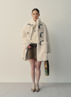 antenna effect复古经典牛角扣宽松毛毛大衣外套环保仿羊羔毛皮草