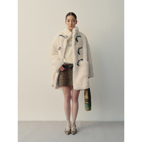 antenna effect复古经典牛角扣宽松毛毛大衣外套环保仿羊羔毛皮草