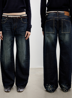 antenna effect复古水洗做旧裤脚铆钉装饰宽松弯刀女士牛仔休闲裤