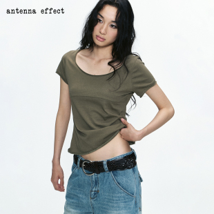 antenna effect 美式复古基础款分割线设计大U领卷边袖口短袖t恤