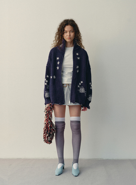 antenna effect复古刺绣立领针织拉链开衫做旧慵懒圣诞新年毛衣