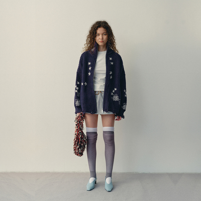 antenna effect复古刺绣立领针织拉链开衫做旧慵懒圣诞新年毛衣