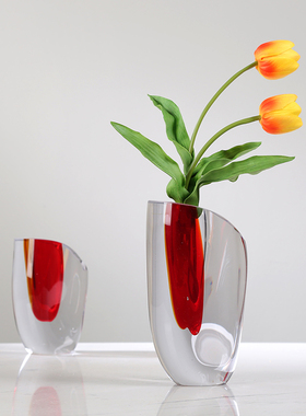 热销现代轻奢红色琉璃花瓶摆件客厅酒店饭厅玄关可水培插花花器装