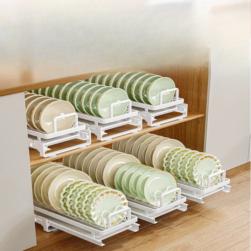 热销厨房抽拉碗碟架橱柜内拉篮碗架抽屉式分层放碗盘子收纳沥水置