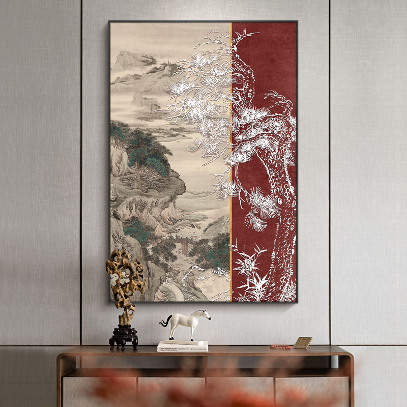 新中式玄关客厅浮雕肌理立体挂画餐厅走廊过道装饰画饭店竖版壁画图片