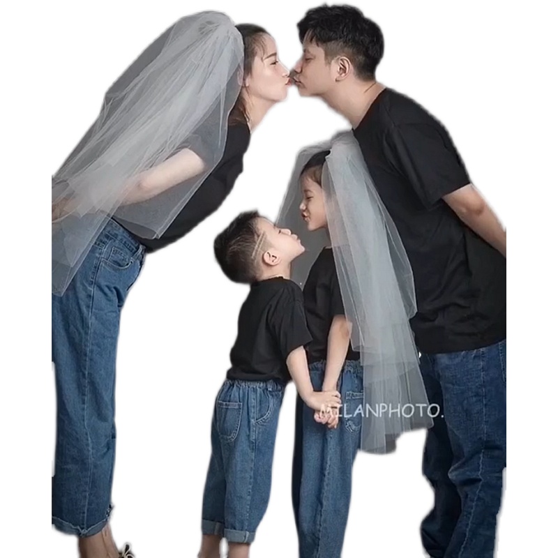 摄影亲子装网红款 全家福一家4口拍摄服装道具 拍照头纱黑白色T恤