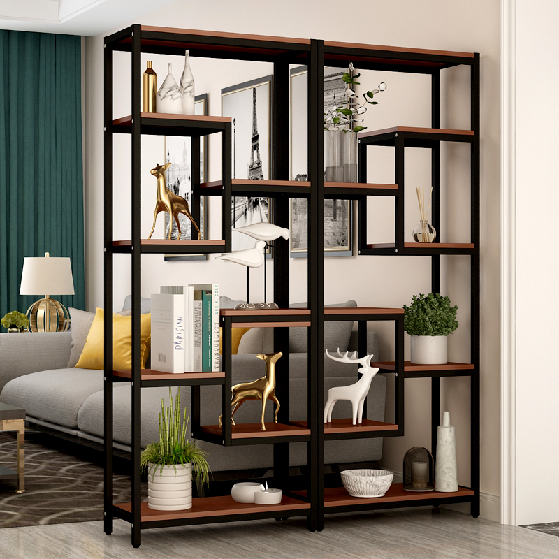 热销客厅loft铁艺隔板置物架实木隔断玄关屏风博古展示架落地书架