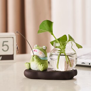 热销可爱青蛙钓鱼玻璃水培植物摆件客厅水养插花器皿花瓶办公桌装