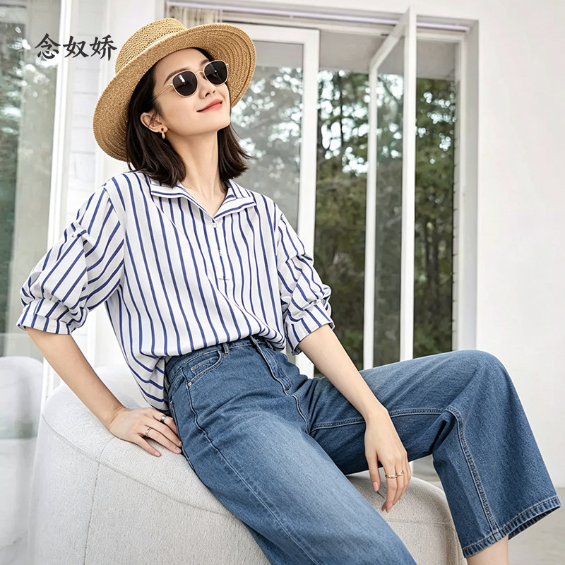 夏日轻薄短袖海军条纹女衬衫图片