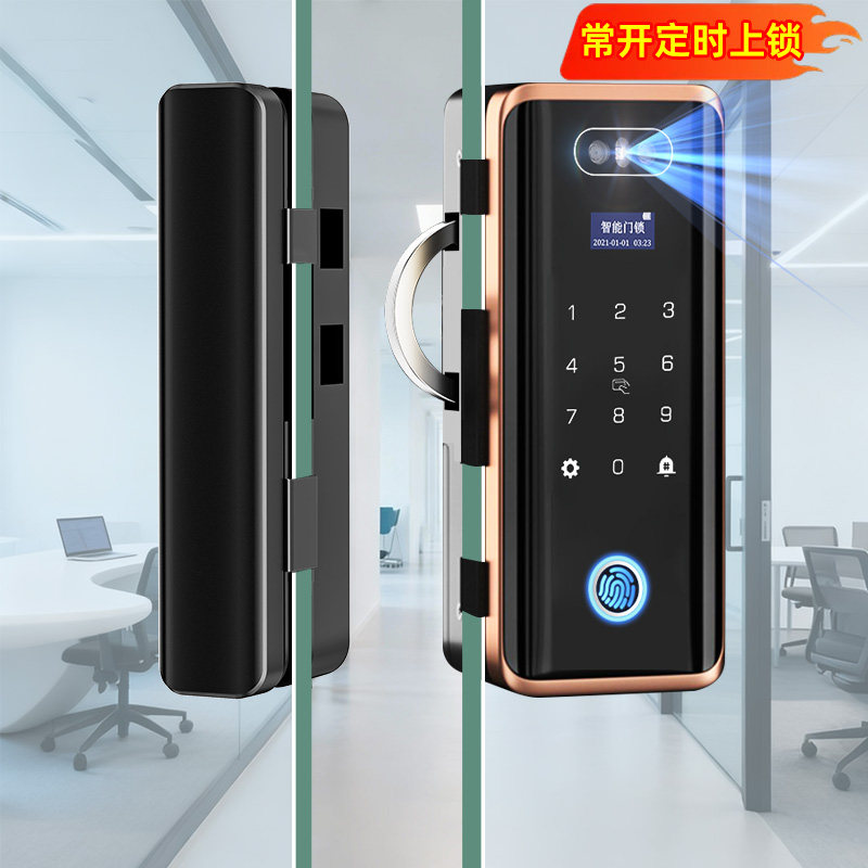 人脸识别玻璃门免开孔智能锁带遥控免布线指纹锁无框单双门密码锁
