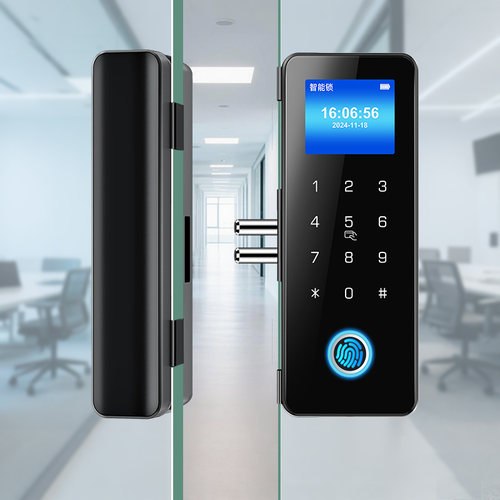 双开门玻璃门锁免开孔指纹锁密码锁商铺带考勤门禁锁遥控智能门锁