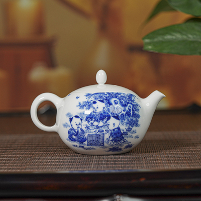 九段烧|九段妙手婴戏对弈壶青花景德镇高白泥纯手工jd294