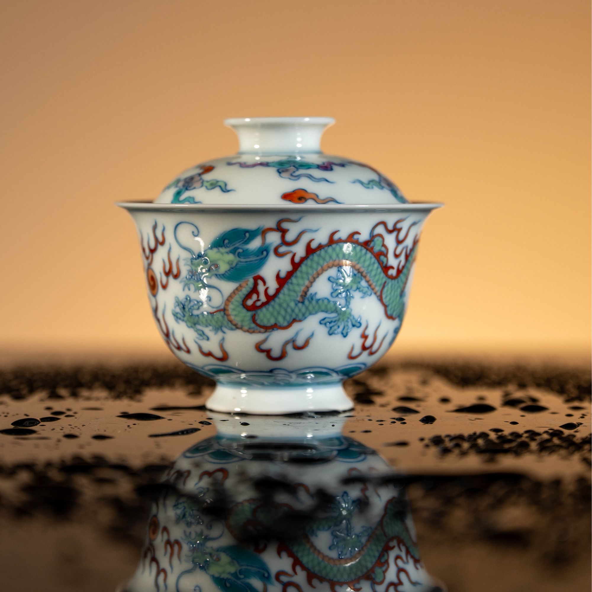 【墨舍名窑】望月怀古斗彩双龙盖碗wyhg1078