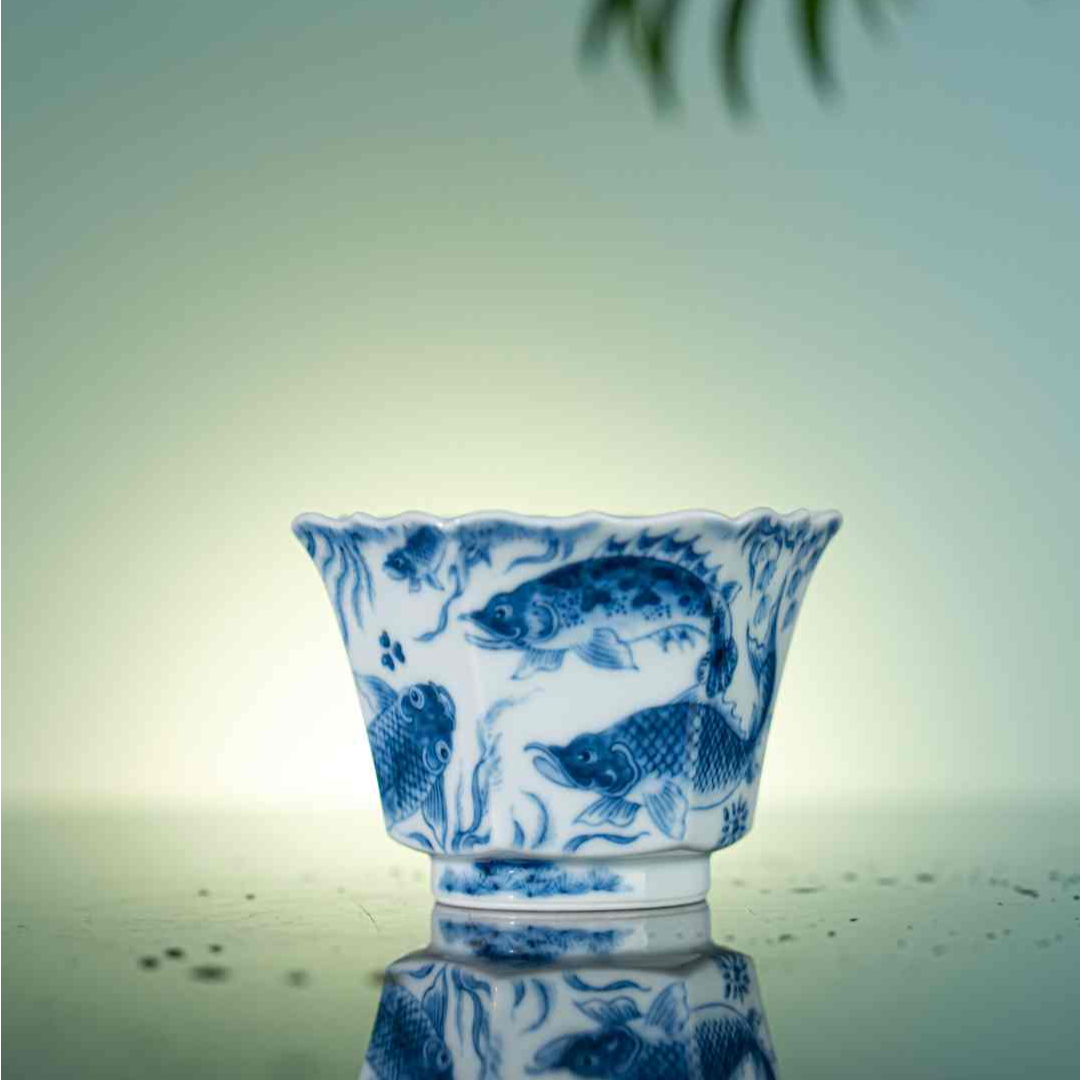 【墨舍名窑】望月怀古满绘鱼藻六方花口杯 wyhg296 纯手工陶瓷