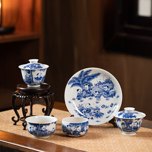 墨舍柴窑童子系列盖碗壶承套组茶具手工手绘炉式杯禅定陶瓷主人杯