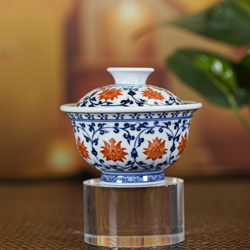 【墨舍柴窑】墨舍柴窑矾红永乐花心压手盖碗茶杯壶承