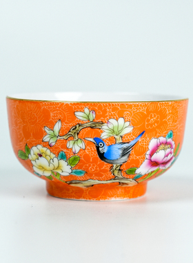 墨舍扒花橙色玉兰花鸟大平杯主人杯景德镇纯手工陶瓷茶具礼盒装